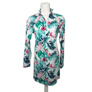 Tommy Bahama Golf & Tennis Dress Womens Medium Tropical Floral Quarter Zip Teal